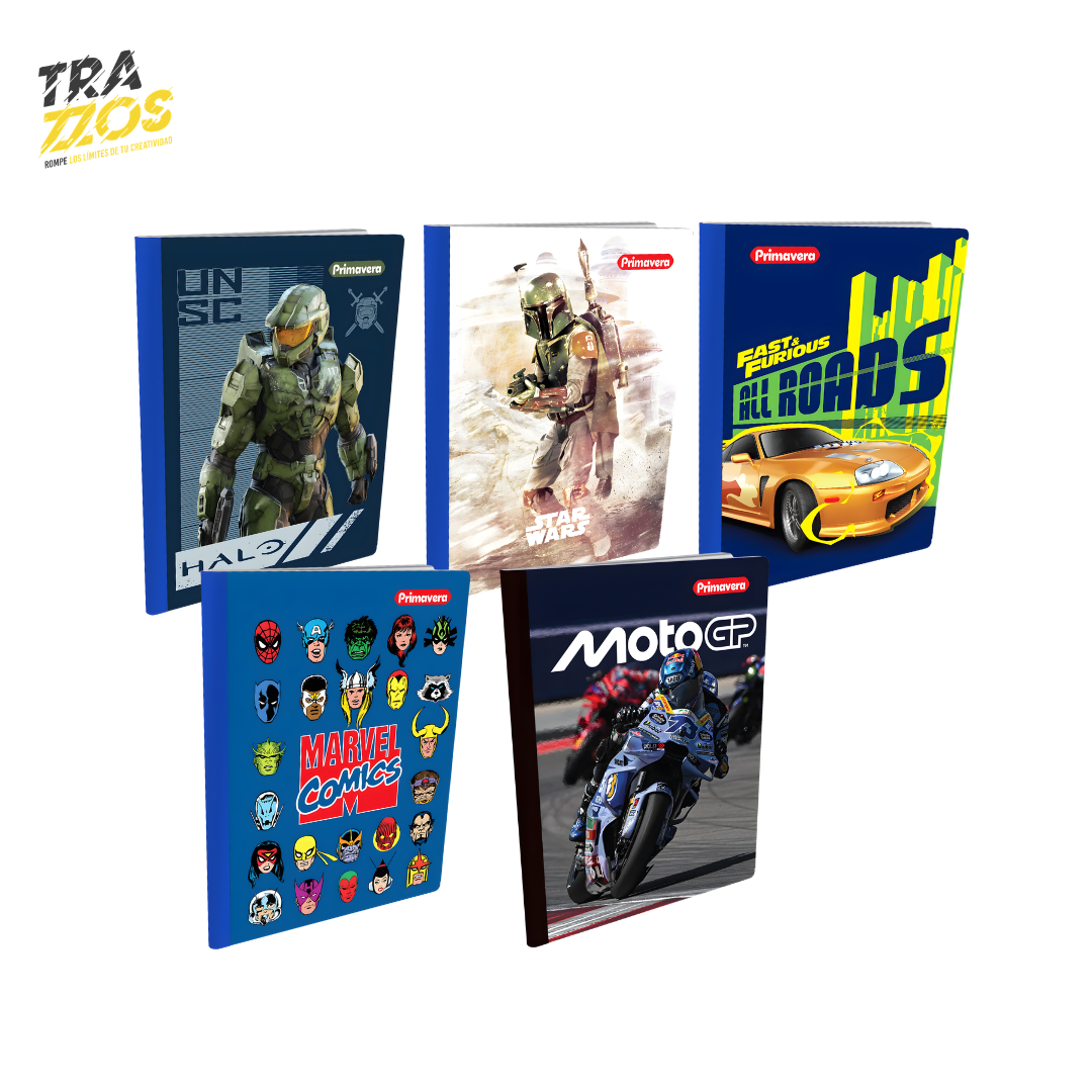Cuadernos escolares cosidos con diseños juveniles de Halo, Star Wars carros marvel y motos 