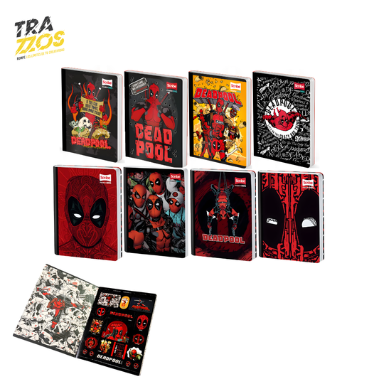 Cuadernos escolares cosidos con portadas deDeadpool en colores rojo y negro con frases y hoja de stickers