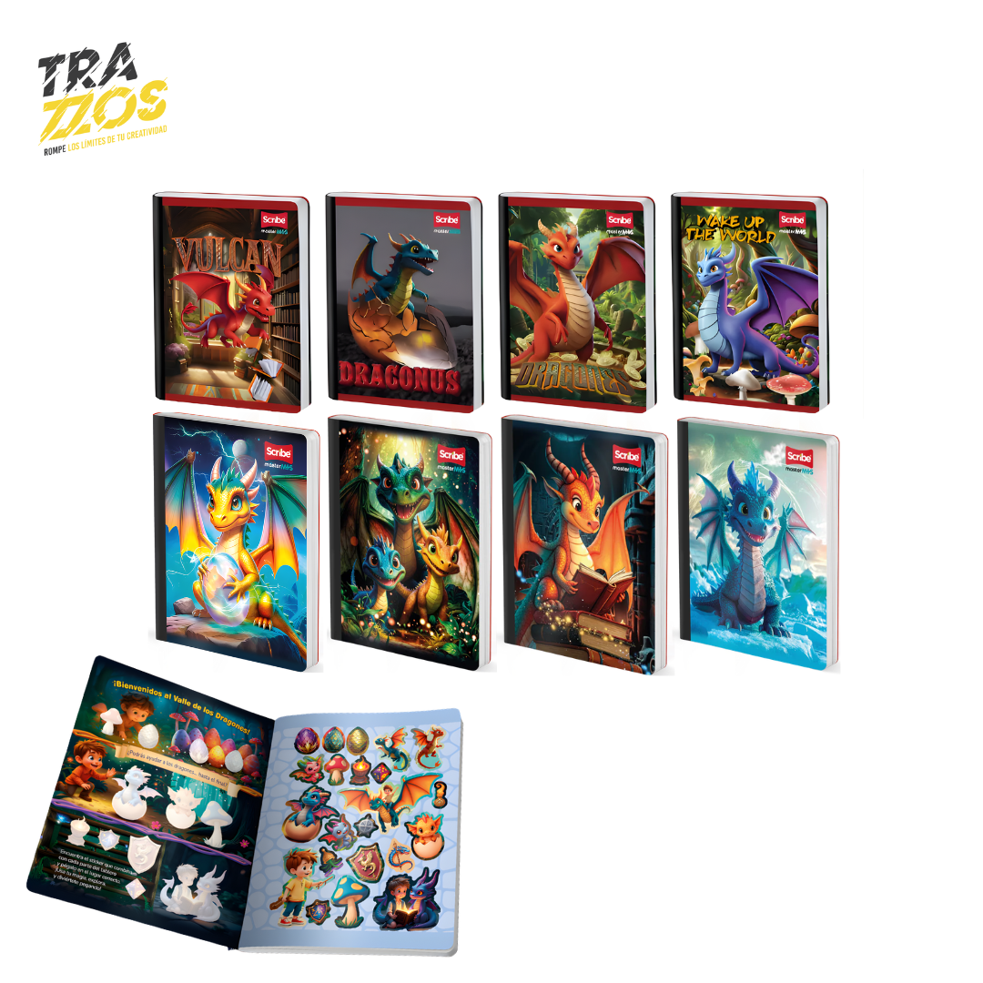 Cuadernos cosidos con portadas de dragones en escenarios fantásticos, incluyen Stiekers