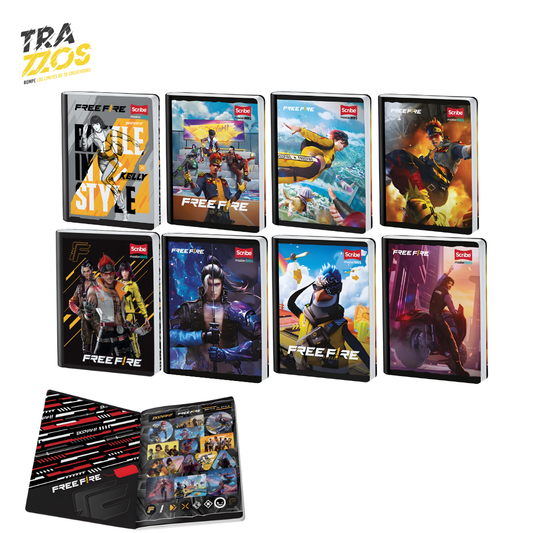 Cuadernos escolares cosidos con portadas de personajes de Free Fire en escenas de combate y estilo gamer con hoja de Stikers