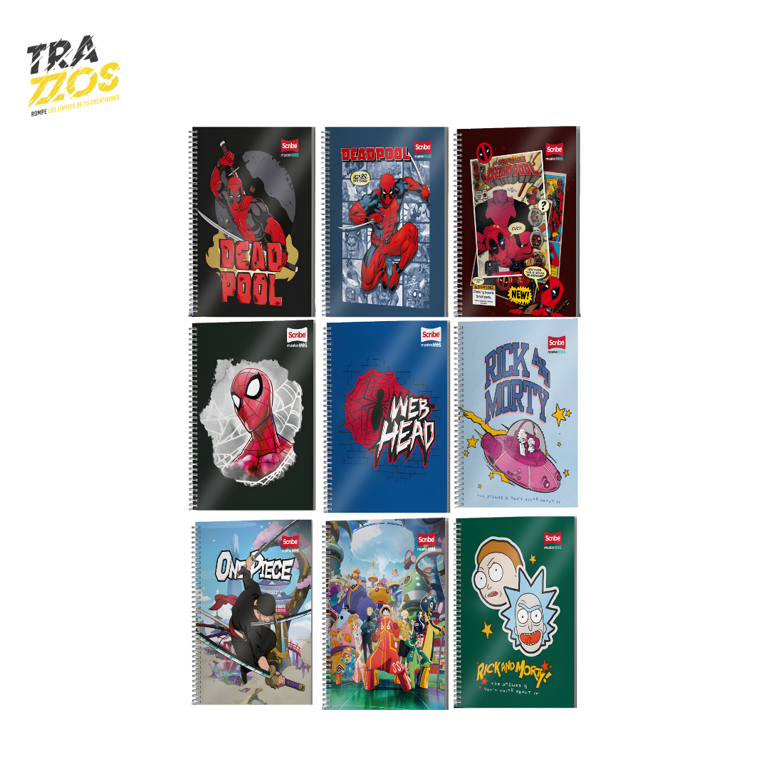 Cuaderno Argollado Grande con Pasta con diferentes diseños como one piece, dead pool, Spiderman  rick and Morty 