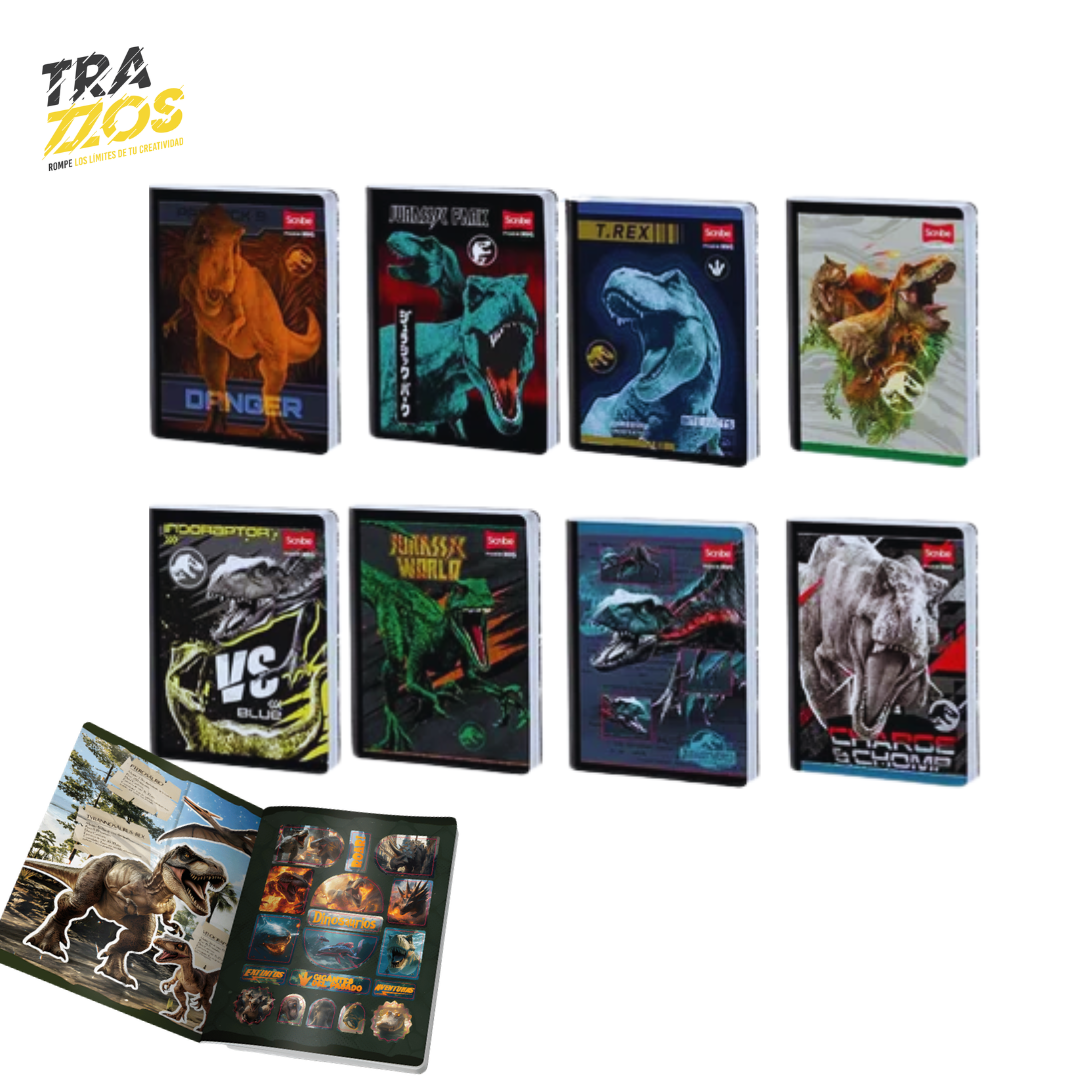 6 Cuadernos Cosido con lomo color negro, con ilustraciones de Jurassic en colores oscuros y con hoja de Stikers.