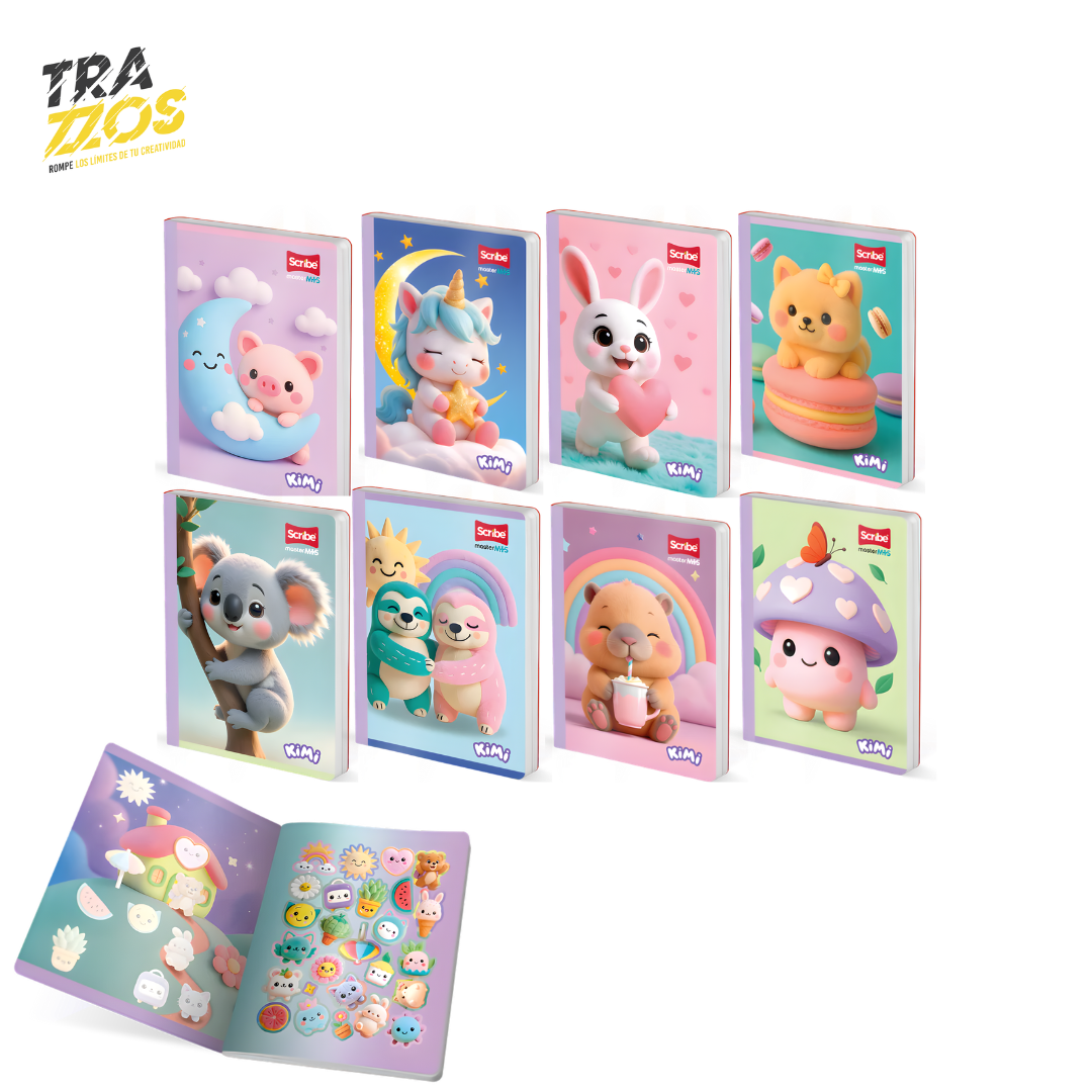 8 cuadernos escolares cosidos con portadas de animales, unicornio, hongo tiernos en Tonos pastel y hoja de Stikers.
