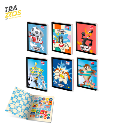 6 cuadernos cosidos con personajes de looney Tunes  como Taz, Coyote, Silvestre   en colores fuertes y  con hoja de Stikers