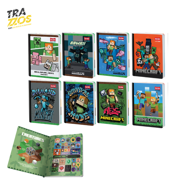 Cuadernos escolares cosidos con portadas de personajes  de Minecraft y mundos del juego en estilo pixelado con hoja de  Stikers