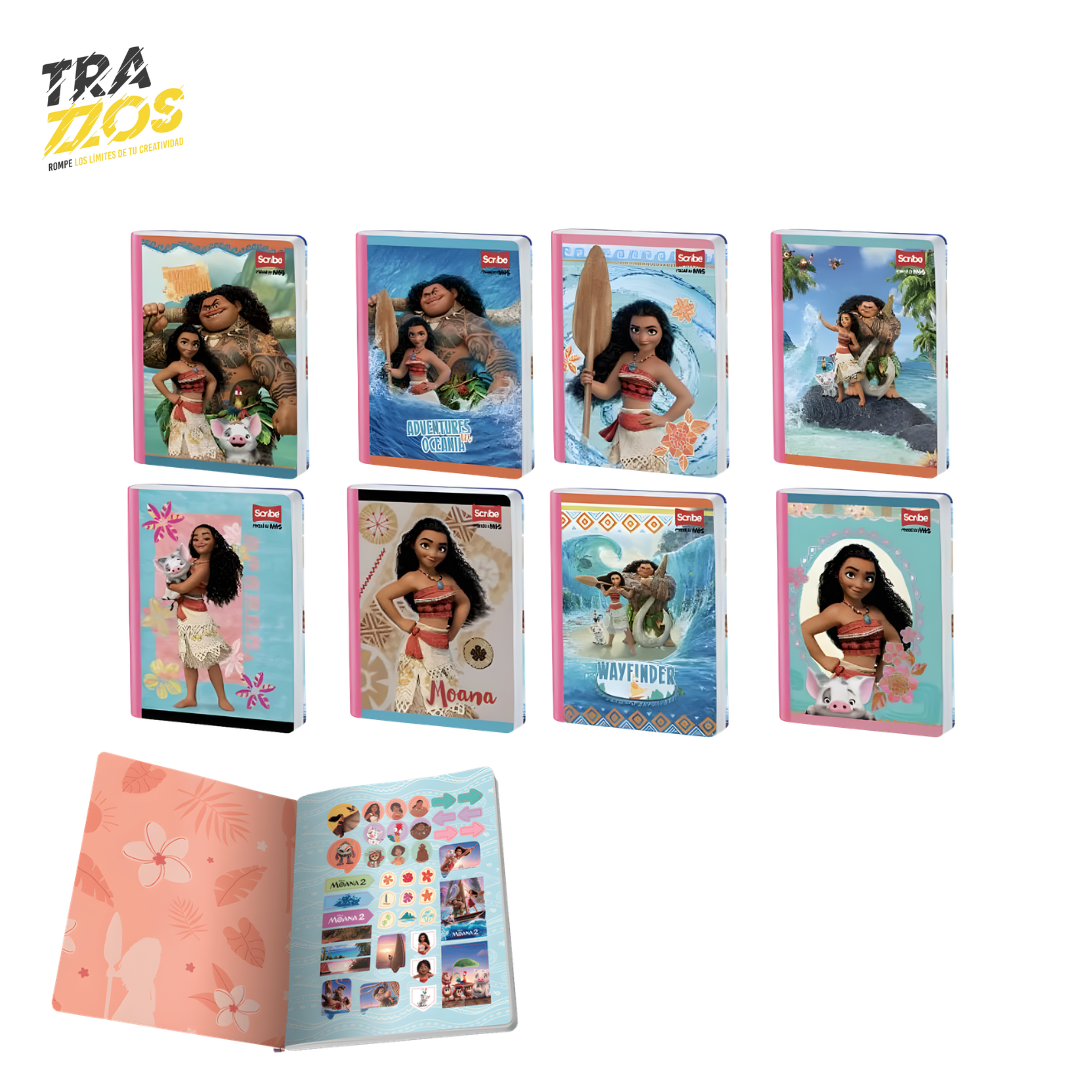 Cuadernos escolares cosidos con portadas de Moana con portadas de personajes en escenas de la pelicula y una hoja de Stikers