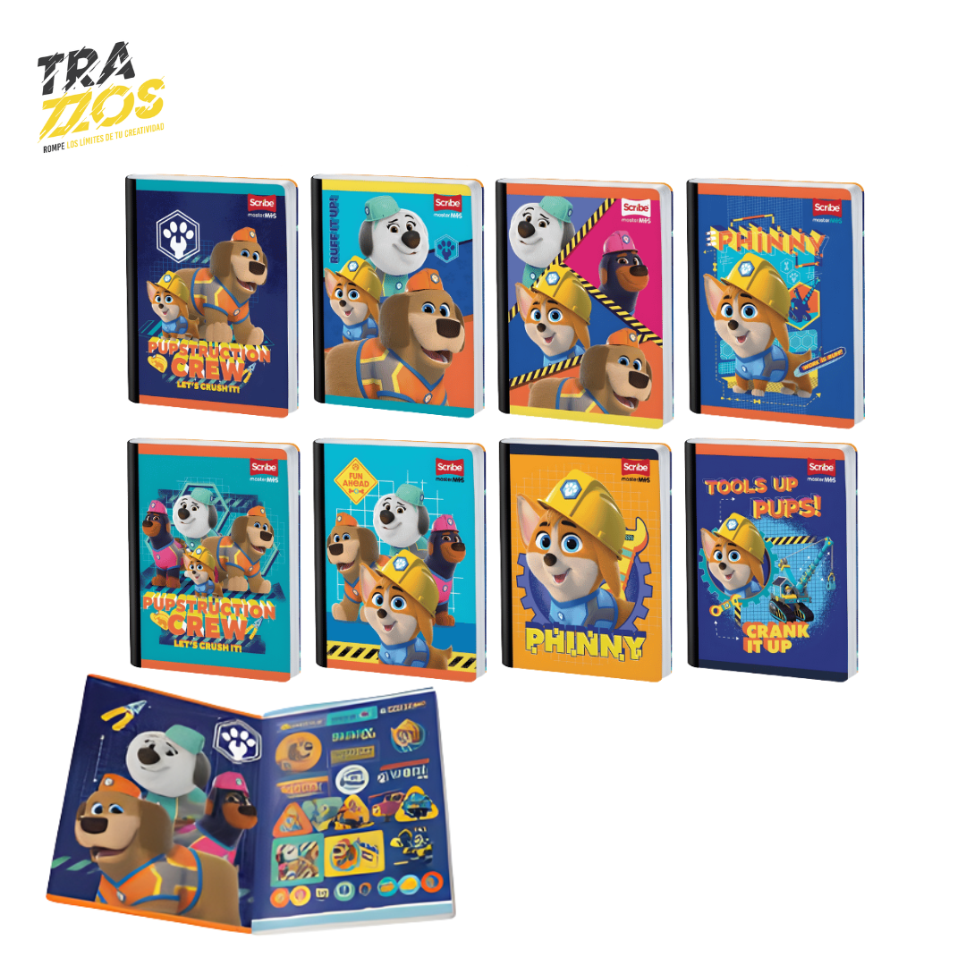 Cuadernos escolares cosidos con diseños de perros constructores en portadas coloridas, incluyen hoja de Stikers