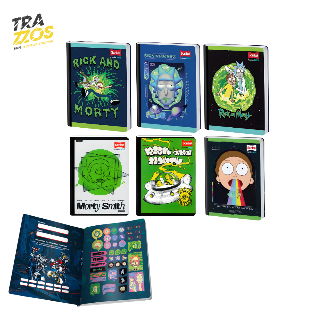 Cuadernos escolares cosidos con portadas de personajes  de Rick and Morty con estilo oscuro con frases y elementos de la serie y cuanta  con hoja de Stikers 