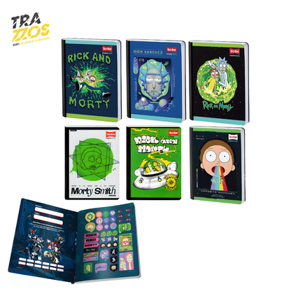 Cuadernos escolares cosidos con portadas de personajes  de Rick and Morty con estilo oscuro con frases y elementos de la serie y cuanta  con hoja de Stikers 