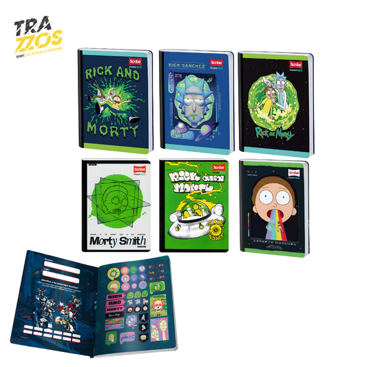 Cuadernos escolares cosidos con portadas de personajes  de Rick and Morty con estilo oscuro con frases y elementos de la serie y cuanta  con hoja de Stikers 