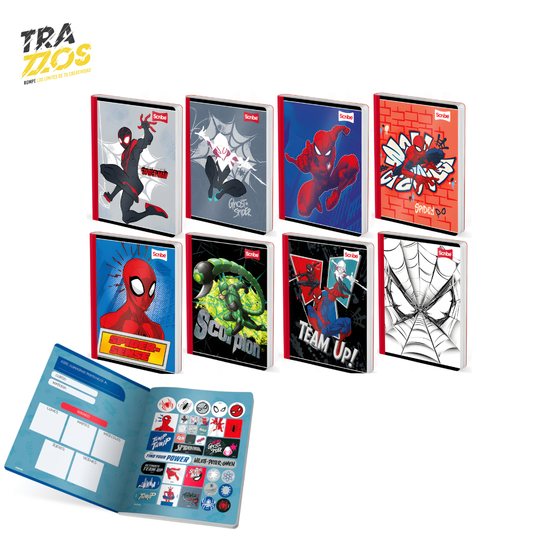 8 cuadernos Cosido con diseños del personaje Spiderman, frases y tonos vivos, incluyen Stikers