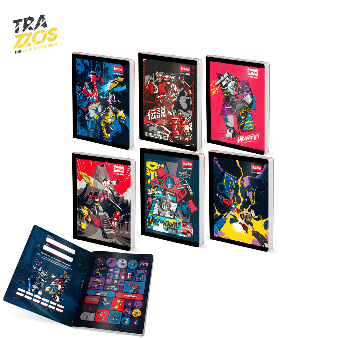 6 Cuadernos Cosidos con ilistraciones de los personajes de Transformers en colores Rojos negros y azul con lomo negro y con hoja de Stikers