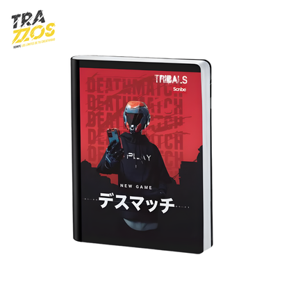 Cuaderno escolar cosido con lomo negro y portada roja y negra de hombre con casco usando celular
