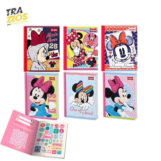 6 cuadernos Cosidos con portada de Minnie Mouse en colores Rojo y rosa   con hoja de Stikers