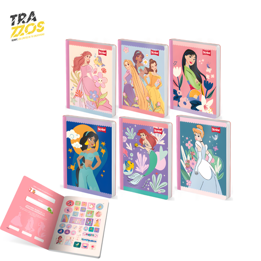 6 Cuaderno Cosido  con portada de las Princesas Disney en tonos pastel con hoja de Stikers