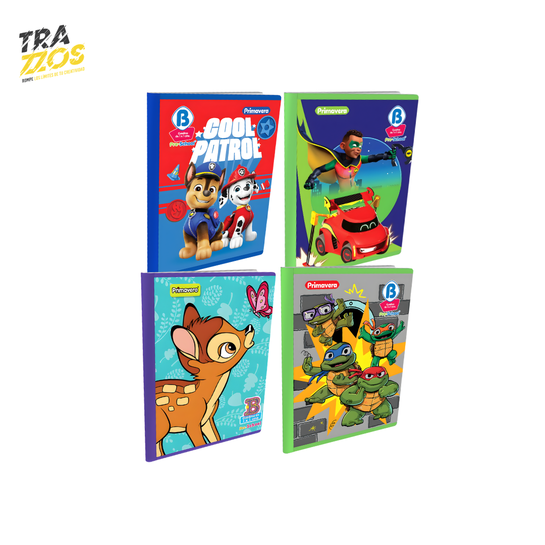 Cuaderno cosido  Pre-School B Disney con diseños infantiles como PAW Patrol, bamby y tortugas ninja con colores vivos 