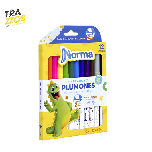 Caja de 12 plumones lavables punta fina para dos trazos 