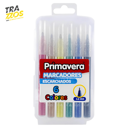 Estuche de 6 marcadores escarchados punta fina y  tinta color Rojo, Café, amarillo, verde, azul y  negro 