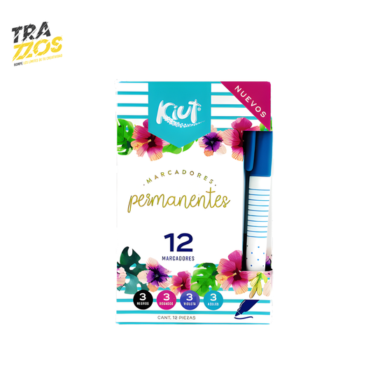 Caja de marcadores kiut punta fina  color blanco con flores 