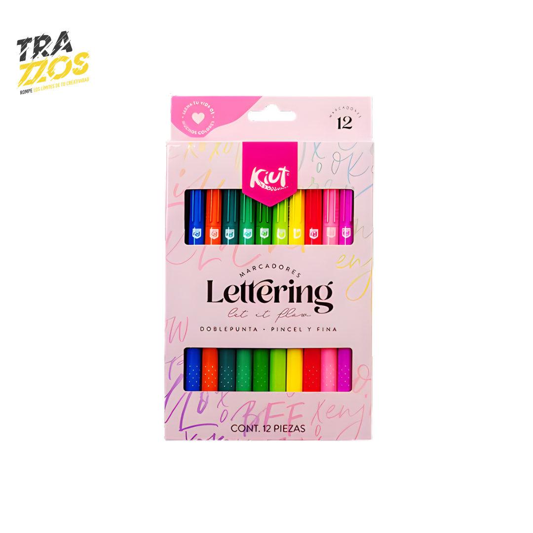 Caja rosada de 12 marcadores lettering doble punta 