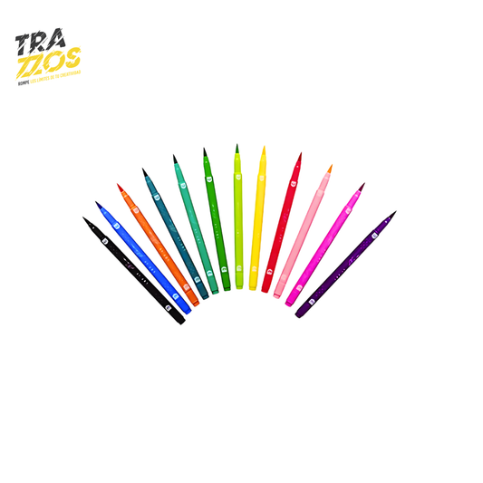 Marcadores punta pincel con tinta color Negro, Azul, Naranja, Verde Oscuro, Verde limón, Verde Claro, rojo, Rosado, Fucsia y Morado