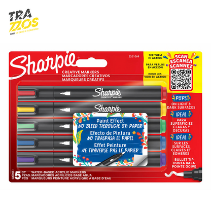 Set de 5 marcador acrílico gruesos con cuerpo en plástico negro y tinta de color Rojo, Amarillo,Verde, Azul y Morado