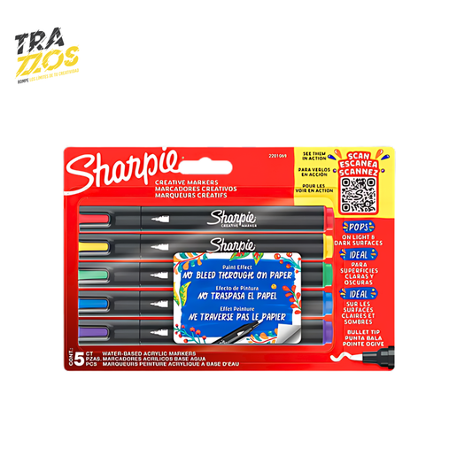 Set de marcador acrílico delgado con cuerpo en plástico negro y tinta de color Rojo, Amarillo,Verde, Azul y Morado