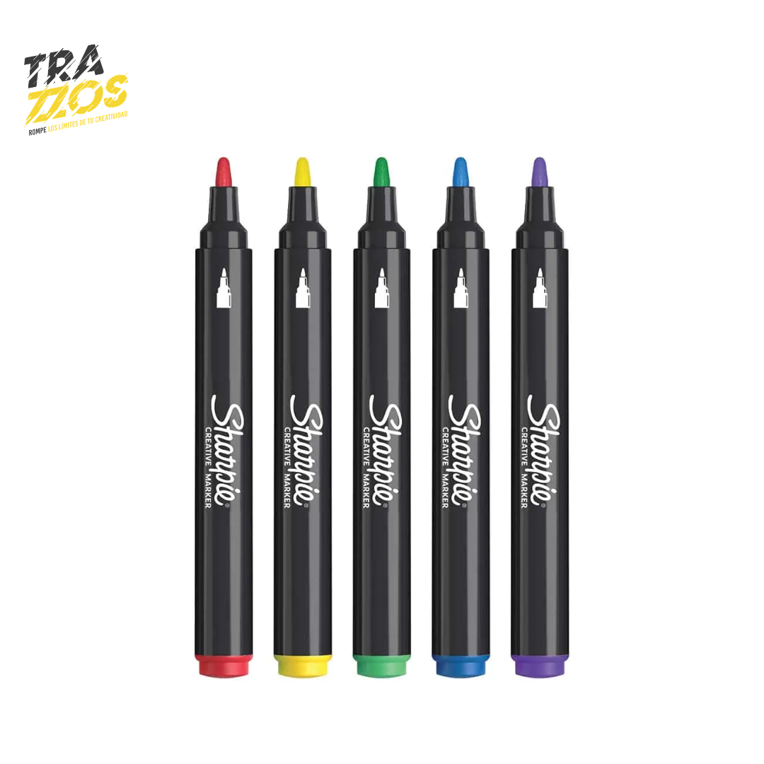 Set de marcador acrílico gruesos con cuerpo en plástico negro y punta bala de tinta color Rojo, Amarillo,Verde, Azul y Morado