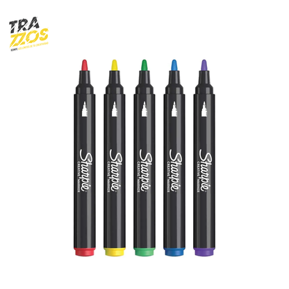 Set de marcador acrílico gruesos con cuerpo en plástico negro y punta bala de tinta color Rojo, Amarillo,Verde, Azul y Morado