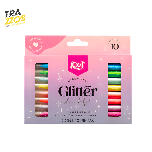 Caja  de 10 marcadores glitter con cuerpo plástico del color de la tinta Fucsia, Plateado, Naranja, amarillo verde claro, verde Oscuro y azul 