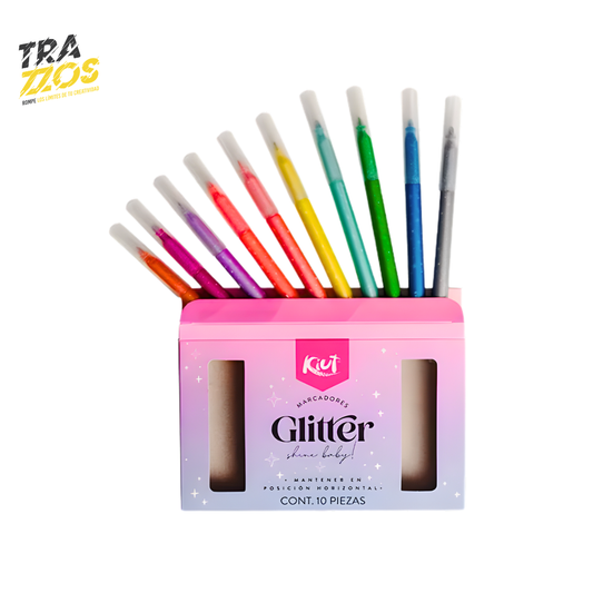 Caja  de 10 marcadores glitter con cuerpo plástico del color de la tinta Fucsia, Plateado, Naranja, amarillo verde claro, verde Oscuro y azul 