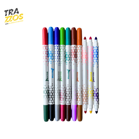 10 marcadores Norma doble punta  con cuerpo blanco y figuras 20 colores diferentes 