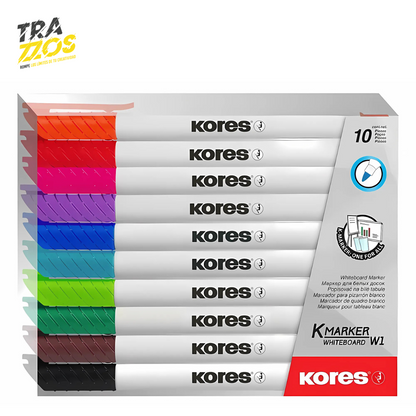 Estuche marcador delgado borrable con cuerpo plástico color blanco y tintas Naranja, Rojo, Fucsia, Morado, Azul, Verde    claro, Verde limon, verde oscuro, Café y Negro. 