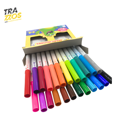 24 marcadores de diferentes colores entre morados, azul y  amarillo en diferentes tonalidades 