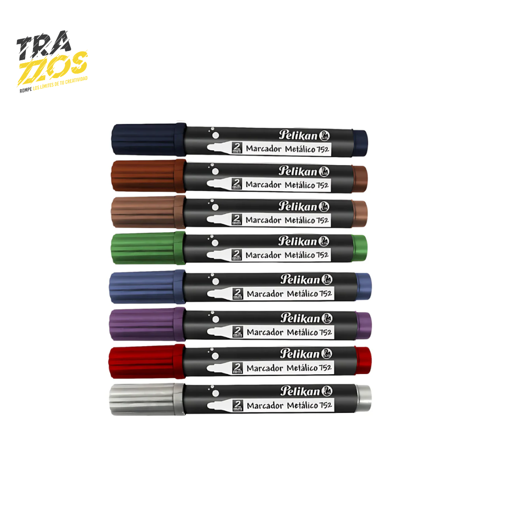 8 marcadores metalizados pelikan pinta bala de color Plateado Rojo, morado, azul, azul, dorado, café y negro, 