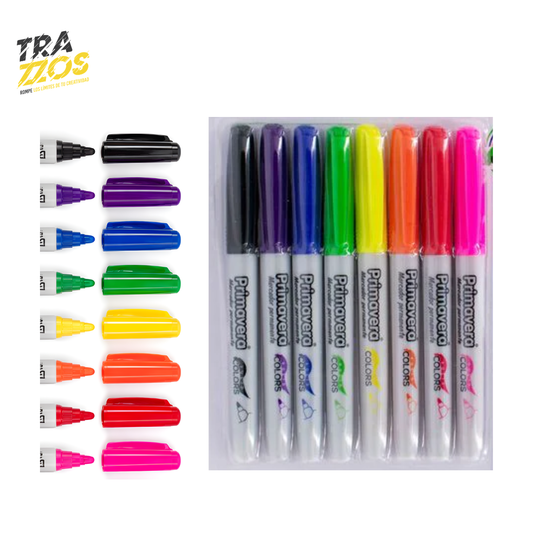 Marcador delgado punta bala con tinta negra, morado, azul, verde, amarillo, naranja, rojo y fucsia 