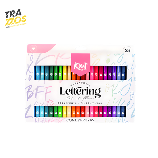 Caja rosada de 24 marcadores lettering doble punta 