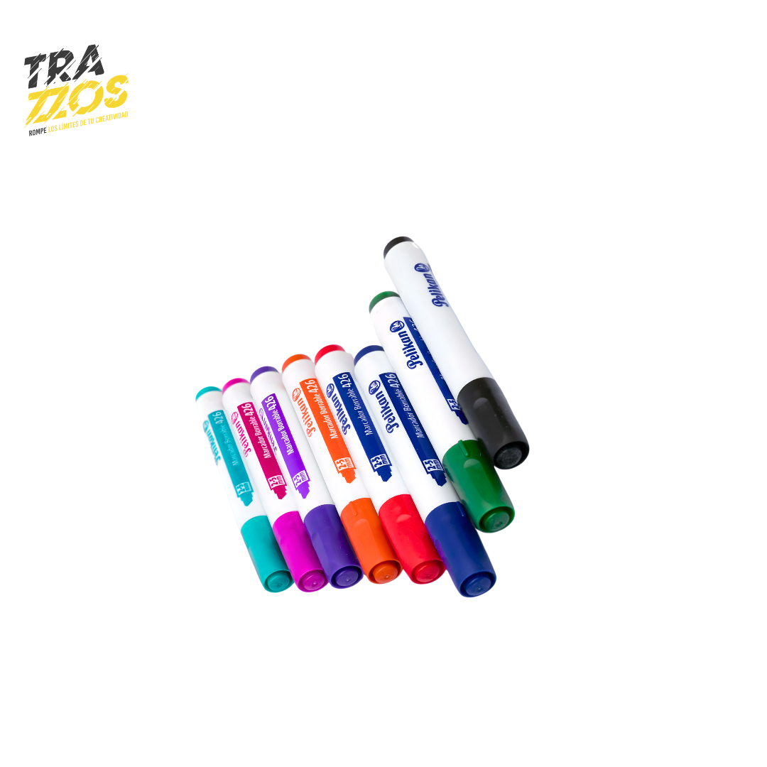 8 marcadore borrables con tinta cuerpo blanco y  tinta negro,  verde, azul, rojo,naranja, morado fucsia t verde claro. 