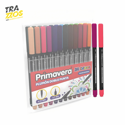 Plumones Doble Punta Pincel y Fina Primavera x24