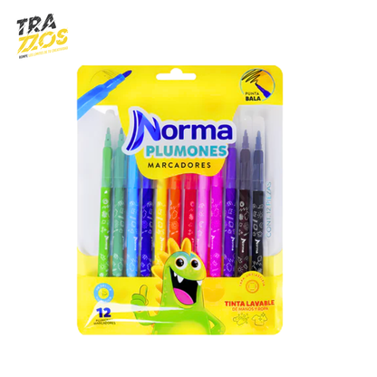 Plumones Lavables Punta Bala Norma x12