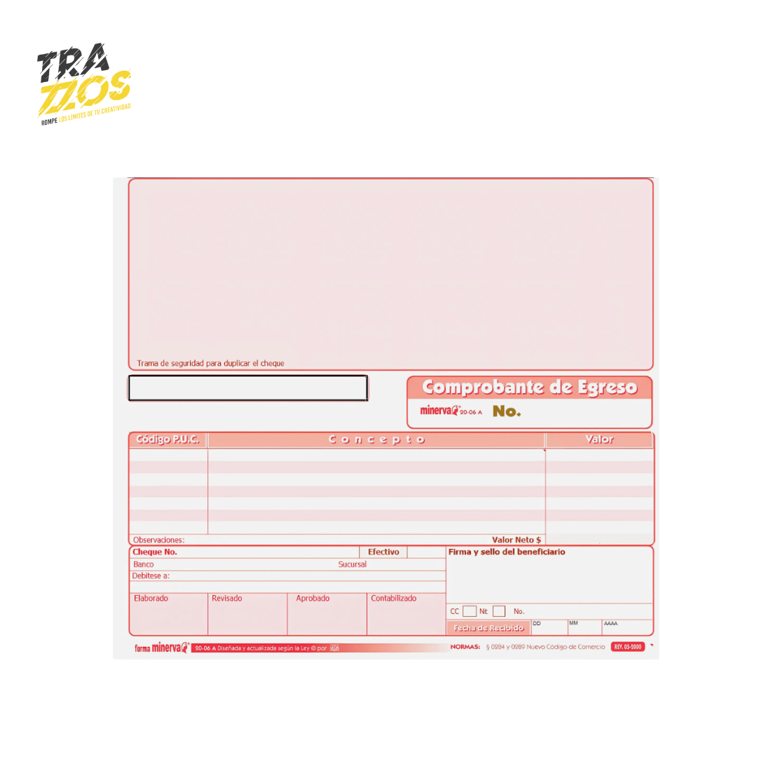 Minerva 20-06A Comprobante de Egreso Cheque Autocopiante x50